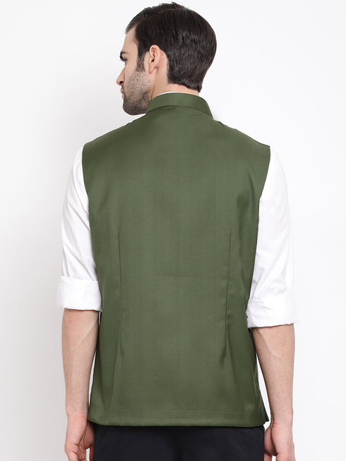Men's Green Cotton Blend Twill Nehru Jacket